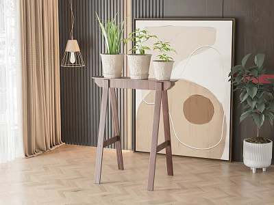 Indoor Garden Decor With Wooden Plant Stand And Green Plants In Pots 3d model