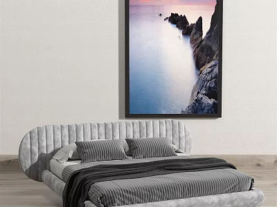 Gray Double Bed With Striped Sheets Black Blanket And Seascape Painting Above White Wall 3d model