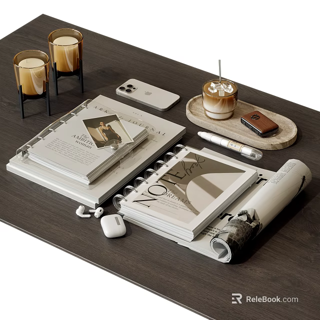 Stylish Desk Display With Books Magazines Notebook Phone Coffee Cup Earbuds And Candles 3d model 