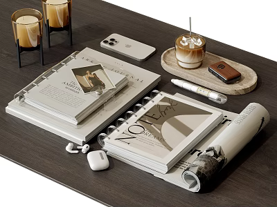 Stylish Desk Display With Books Magazines Notebook Phone Coffee Cup Earbuds And Candles 3d model