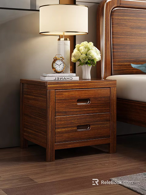 Wooden Bedside Table with Two Drawers Topped with Alarm Clock Books and White Flower Vase in Bedroom 3d model 