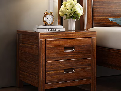 Wooden Bedside Table with Two Drawers Topped with Alarm Clock Books and White Flower Vase in Bedroom 3d model