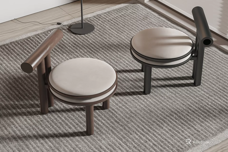 Two Modern Accent Chairs with Wooden Frame and Round Beige Cushioned Seats in Living Room 3d model 