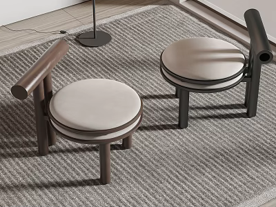 Two Modern Accent Chairs with Wooden Frame and Round Beige Cushioned Seats in Living Room 3d model