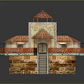 Cartoon Building Scene With Red Tiled Roofs Balconies Wooden Staircase And Stone Base