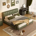 Bedroom Interior With Green Upholstered Headboard Framed Artworks Beige Bedding Green Curtains And Checkered Rug