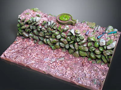 Rustic Stone Wall Landscape With Pink Ground Green Circular Feature Small Stones And Blue Objects 3d model
