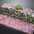 Rustic Stone Wall Landscape With Pink Ground Green Circular Feature Small Stones And Blue Objects 3d model