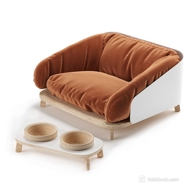 Brown Velvet Single Sofa with Wooden Bowls on Small Table and Wooden Legs 3d model 