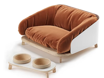 Brown Velvet Single Sofa with Wooden Bowls on Small Table and Wooden Legs 3d model