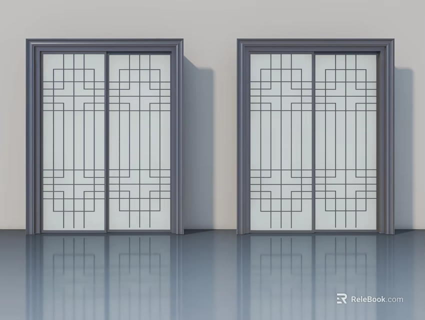 Modern Hinged Doors With Geometric Glass Panels And Gray Frames Design 3d model