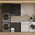 Modern Laundry Room Interior With Washing Machines Dryers Double Sinks And Cabinets
