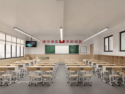 School Classroom With Rows Of Desks Chairs Blackboard And Large Windows 3d model