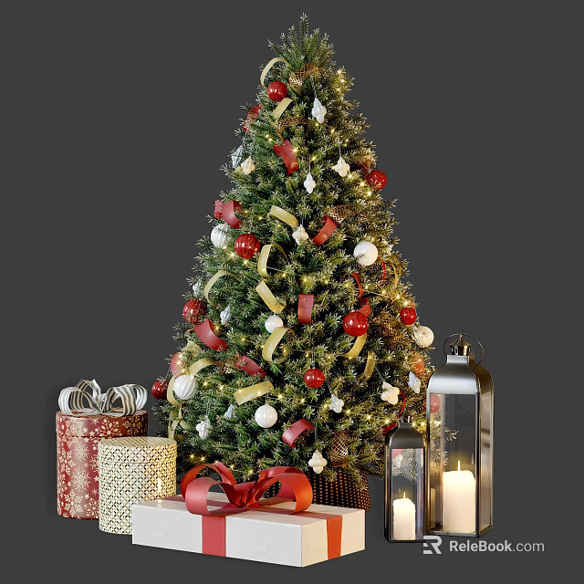 Decorated Christmas Tree with Red White Ornaments Gift Boxes and Lanterns 3d model 