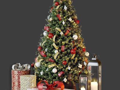 Decorated Christmas Tree with Red White Ornaments Gift Boxes and Lanterns 3d model
