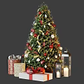 Decorated Christmas Tree with Red White Ornaments Gift Boxes and Lanterns 3d model