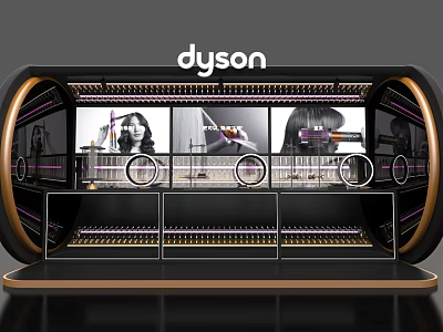 Dyson Interactive Zone in Retail Space with Product Display Shelves and Digital Screens 3d model