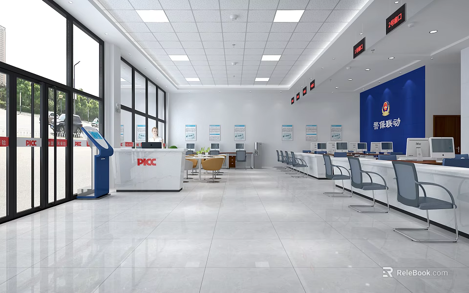 Spacious Bright Public Service Hall With Service Counters Waiting Chairs And Organized Layout 3d model 