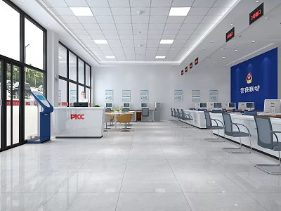 Spacious Bright Public Service Hall With Service Counters Waiting Chairs And Organized Layout 3d model