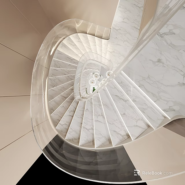 Modern Spiral Staircase With Marble Steps And Transparent Railing 3d model 
