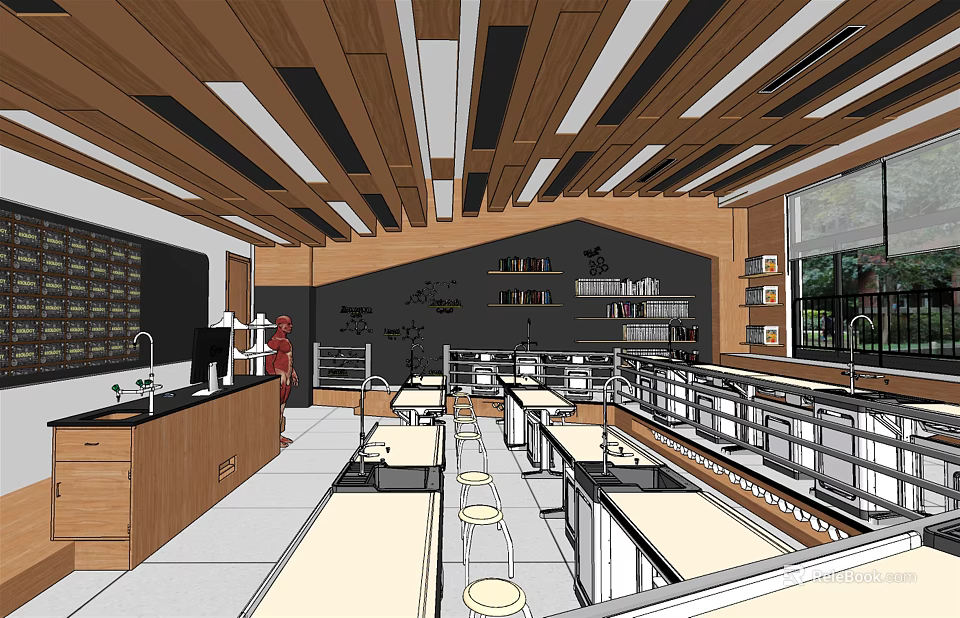School Laboratory Interior With Equipment Tables Chairs Blackboard And Windows 3d model 