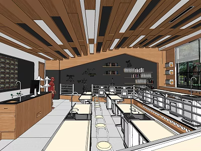 School Laboratory Interior With Equipment Tables Chairs Blackboard And Windows 3d model