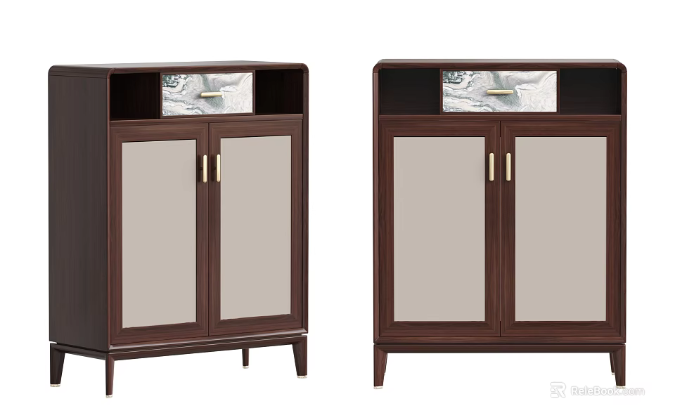 Modern Dark Brown Wooden Dresser Cabinet With Glass Doors Gold Handles And Open Top Shelf 3d model 