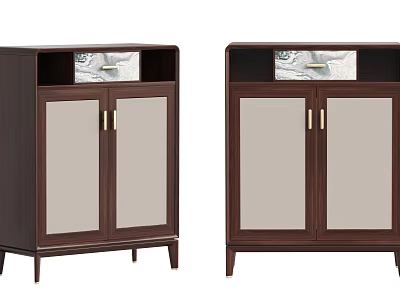 Modern Dark Brown Wooden Dresser Cabinet With Glass Doors Gold Handles And Open Top Shelf 3d model