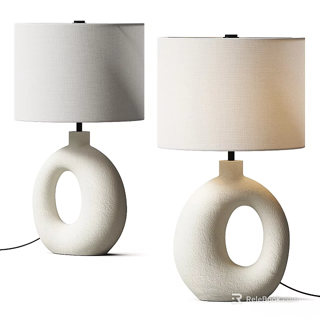 Modern White Ceramic Table Lamp Pair with Hoop Shaped Base and Linen Lampshade 3d model 