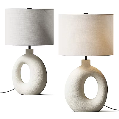 Modern White Ceramic Table Lamp Pair with Hoop Shaped Base and Linen Lampshade 3d model