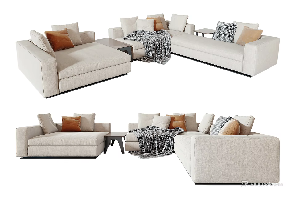 Modern Beige Linen Sectional Sofa With Decorative Pillows Throw Blanket And Side Table 3d model