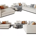 Modern Beige Linen Sectional Sofa With Decorative Pillows Throw Blanket And Side Table 3d model