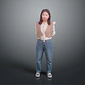 Child Wearing Brown Vest White Long Sleeve Blue Jeans White Shoes Against Gray Gradient Background