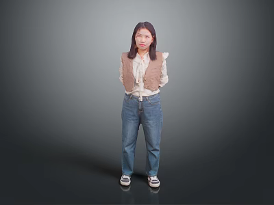 Child Wearing Brown Vest White Long Sleeve Blue Jeans White Shoes Against Gray Gradient Background 3d model