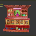 Traditional Red Shrine with Ornate Carvings Colorful Patterns and Hanging Bells and Small Decorative Objects