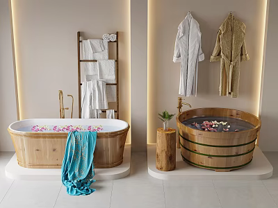 Elegant Wooden Bathtubs With Flower Petals Towels Bathrobes And Ladder Shelf In Bathroom 3d model