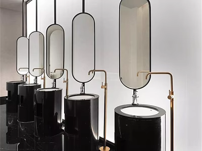Modern Public Restroom Interior With Black Cylindrical Basins Oval Mirrors And Brass Faucets 3d model
