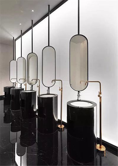 Modern Public Restroom Interior With Black Cylindrical Basins Oval Mirrors And Brass Faucets 3d model