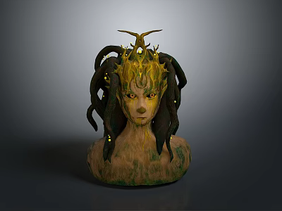 Mythical Character Head With Snake Like Hair Golden Crown And Yellow Eyes Green Texture 3d model