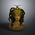 Mythical Character Head With Snake Like Hair Golden Crown And Yellow Eyes Green Texture