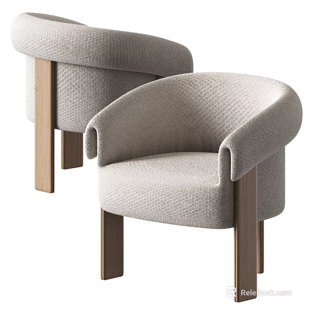 Modern Single Sofa With Light Gray Fabric Curved Armrests And Wooden Legs 3d model 