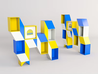 Modern Geometric Shelving Unit Yellow Blue White Interlocking Design For Home Decor 3d model