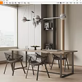 Modern Dining Table Set with Woven Chairs and Hanging Pendant Lights in Light Wood Interior
