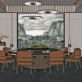 Box Dining Table and Chair Chandelier 3d model