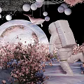 Elegant Banquet Hall With Hanging Circular Ornaments Purple Pink Flowers And Lighting