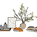 Decorative Ornament Combination with Vase Branches Open Book Oranges Frames and Tray on White Table