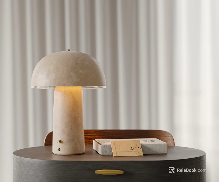 Mushroom Shaped Concrete Table Lamp With Warm Light And Decorative Boxes On Wooden Table 3d model 