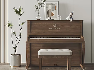 Elegant Home Interior Featuring Wooden Piano With Artwork Decorations Potted Plant And Stool 3d model