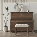 Elegant Home Interior Featuring Wooden Piano With Artwork Decorations Potted Plant And Stool