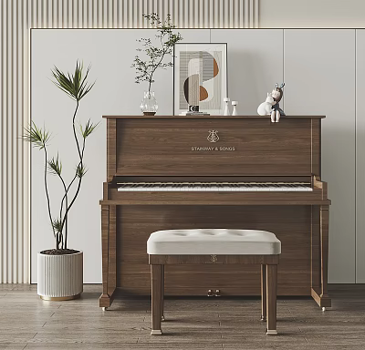 Elegant Home Interior Featuring Wooden Piano With Artwork Decorations Potted Plant And Stool 3d model